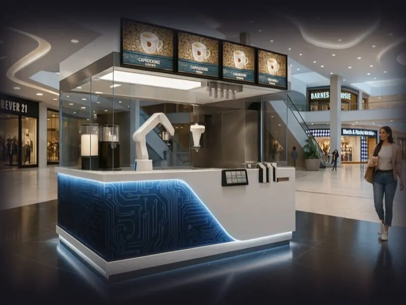 Robotic café kiosk preparing a drink