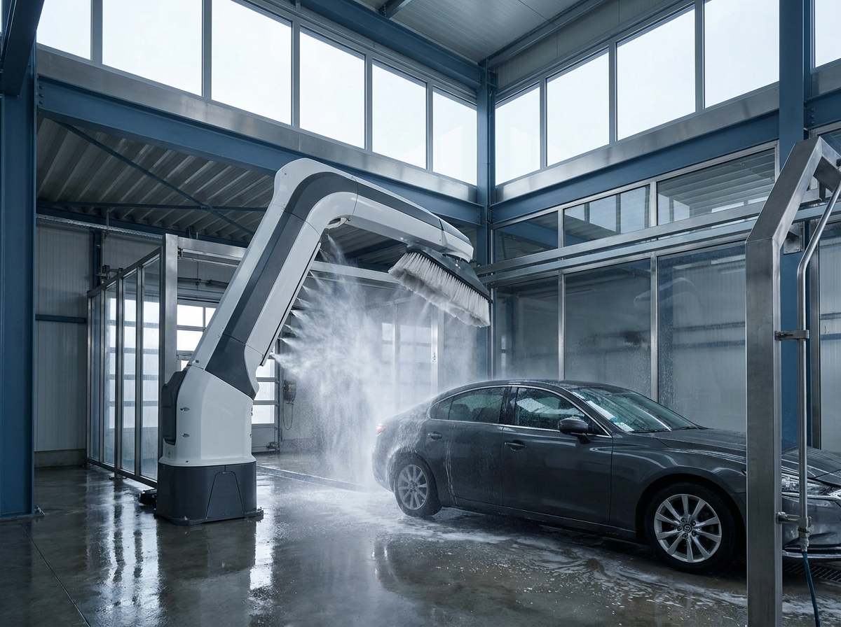 Concept render of a robotic car wash bay