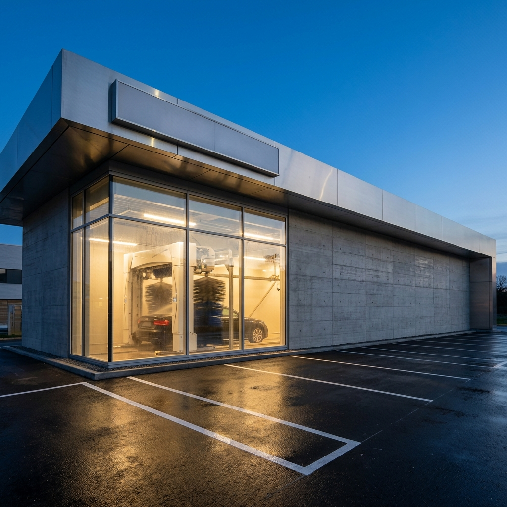 Concept render of the wash facility exterior at dusk