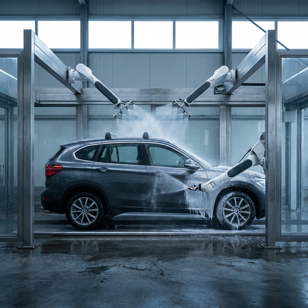 Concept render of a heavy truck in a robotic wash bay