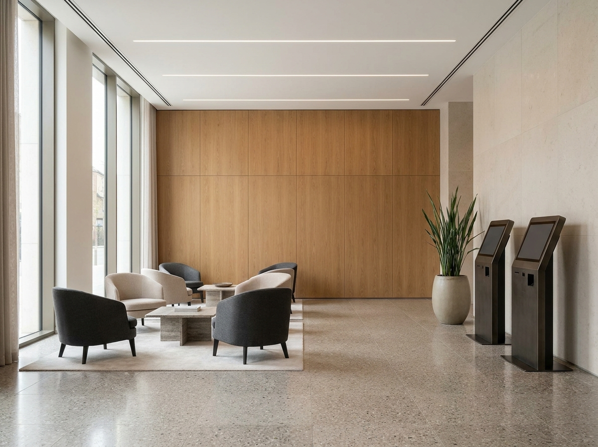 Concept render of an automated hotel lobby with self check-in terminals