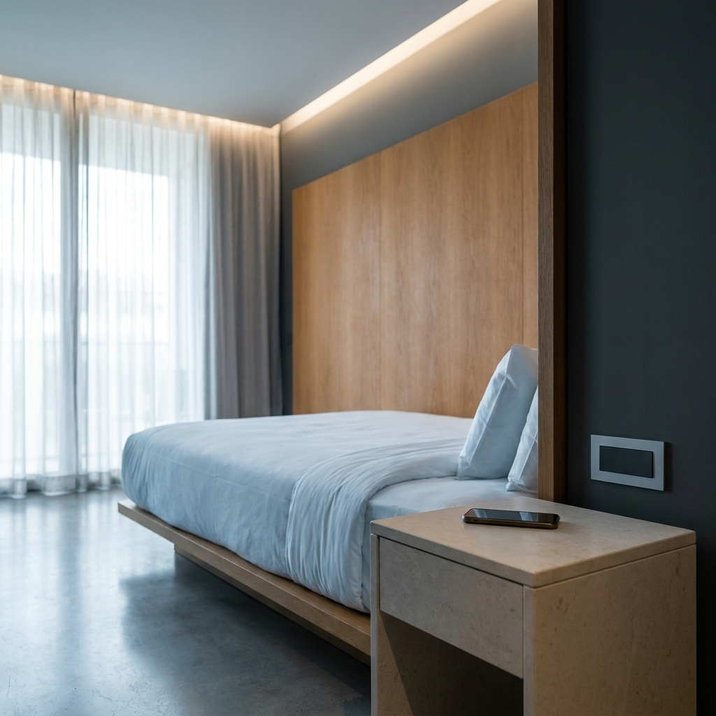 Concept render of a guest room with integrated smart controls